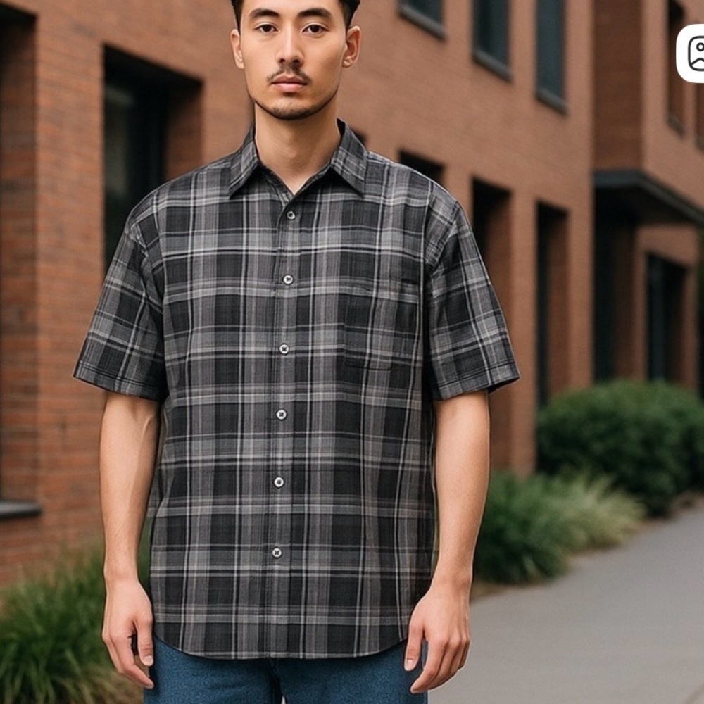 Men's Large Black and Gray Plaid Shirt Short Sleeve Polyester